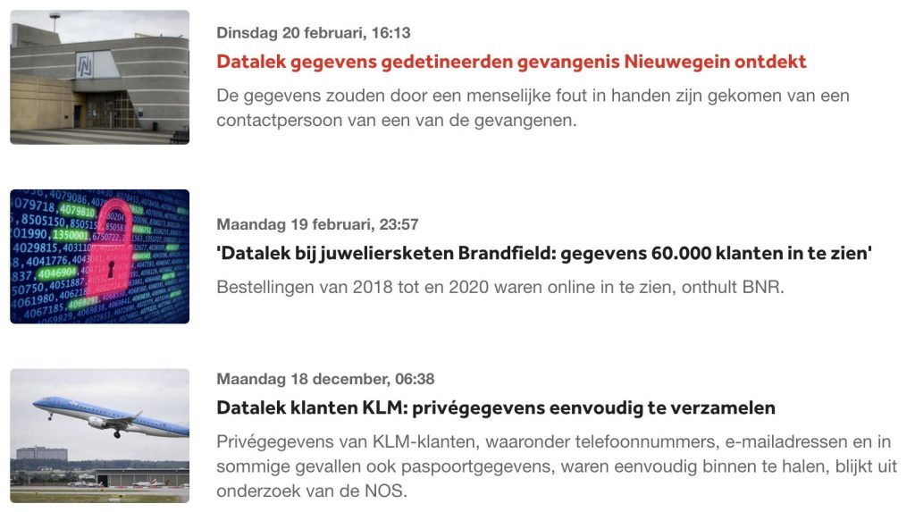 Enkele voorbeelden van nieuws artikelen over datalekken in februari 2024 (nos.nl)